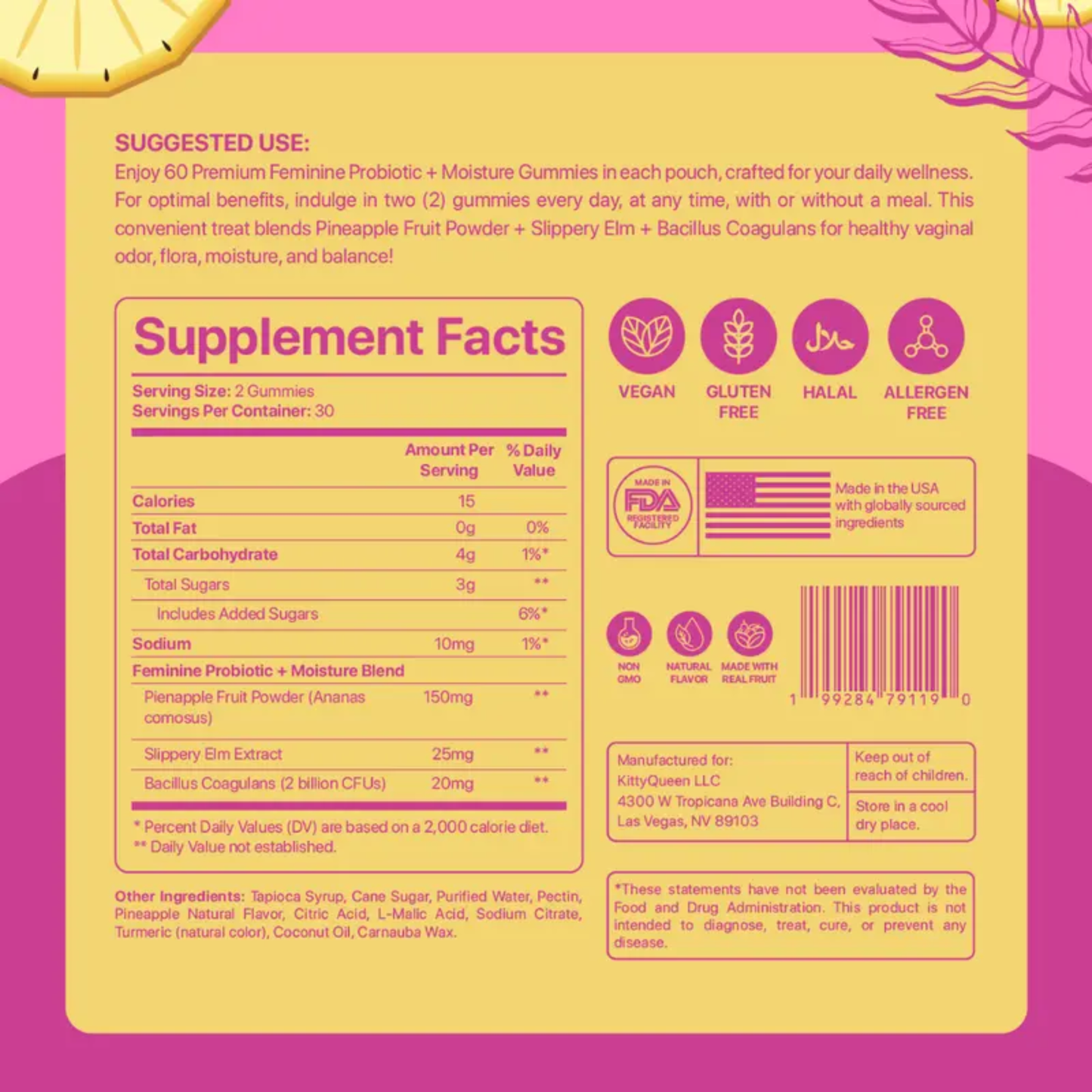 Kitty Gumm Feminine Probiotic/60 Gummies Pineapple Flavor